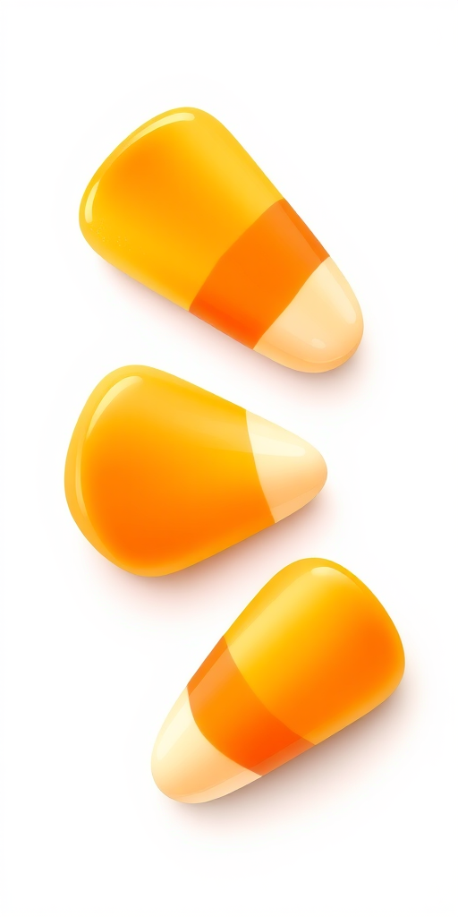 Create a highly detailed illustration of three pieces of candy corn with a vibrant color palette and smooth gradients, using a DSLR camera with a 50mm lens at f/2.8 to achieve a shallow depth of field, in studio lighting conditions with a clean white background.