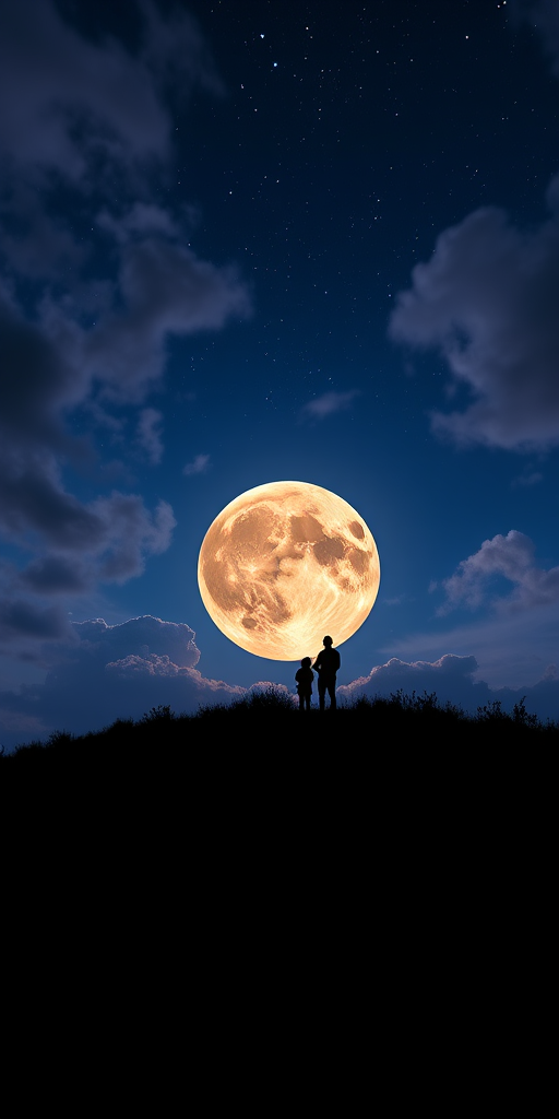 Create a vibrant night sky scene featuring a large, glowing moon with two silhouettes standing on a hill, rich detail in the clouds and stars, captured with a Canon EOS R5, 24mm lens, f/2.8, ISO 100, long exposure, twilight view for enhanced colors and clarity.