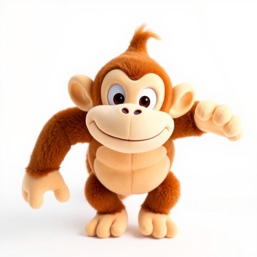 Donkey Kong children's version of an adorable and cute cotton plush with a full body on a white background. A good front pose is visible with extreme quality and every detail. The image features good lighting, a well-chosen color palette, and a 3D appearance.