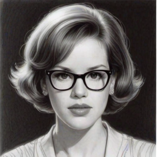 Fascinating Molly Ringwald, pencil sketch, portrait of Lovely woman 1951s in glasses, hair style beatnik, outline, clear lines, fine lines, 8k