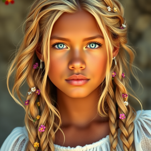 Create an image of a young Garifuna woman with long, wavy blonde hair, adorned with small, colorful flowers woven into her braids and loose strands. Her complexion is fair, with soft, glowing skin, and she has light blue eyes that gaze softly at the viewer. She wears a light, flowing dress with a gentle, ethereal quality, complementing her delicate and serene appearance. The background is slightly blurred, drawing focus to her tranquil expression and the intricate details of the flowers in her hair. The overall mood of the image is one of natural beauty and grace, evoking a sense of peacefulness and connection with nature.