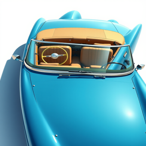 Create a high-resolution illustration of a classic convertible car in blue color with tan interior, using a DSLR camera set to aperture f/8, shutter speed 1/200 sec, ISO 100, with a frontal view and a light, soft-focus background for enhanced detail.