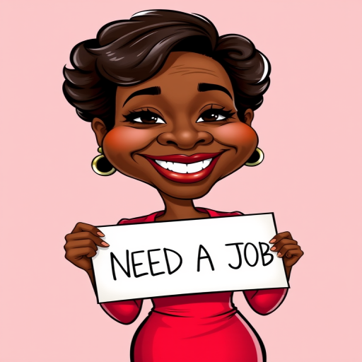 caricature of a smiling Viola Davis in a Carmine dress or suit, holding up a sign that says "NEED A JOB", no watermark,
