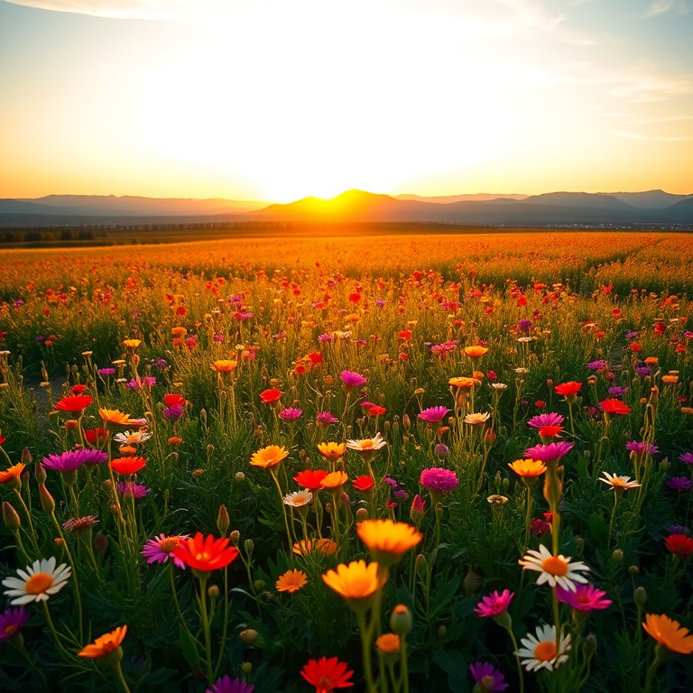 Generate a vibrant landscape of a wildflower field with distant mountains, shot in the golden hour using a DSLR camera, 35mm lens, f/8 aperture, ISO 100, landscape orientation, and a low-angle view to enhance depth.