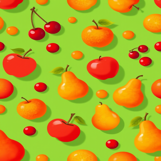 Create a vibrant seamless pattern of stylized fruits including cherries, apples, oranges, and pears on a fresh green background, using a high-resolution camera with a 50mm lens, f/8 aperture, and ISO 100 to enhance sharpness and color vibrancy in a flat lay style.