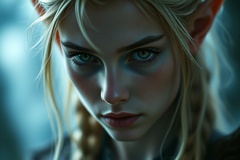 highly detailed portrait of a mysterious elven character, soft lighting, 85mm lens, aperture f/1.8, ISO 100, shallow depth of field, captured with a DSLR camera, vibrant skin tones, textured hair, dramatic focus on eyes, cinematic style