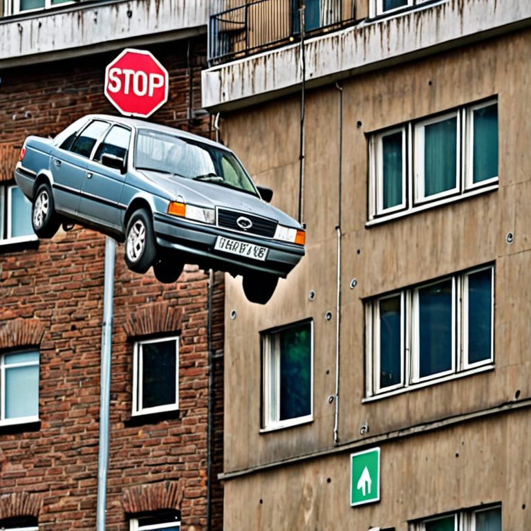 A car is falling down from the top of a building and there is a stop ...