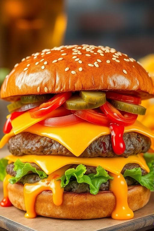 High-resolution, close-up image of a gourmet double cheeseburger. The burger features a glossy, sesame-seed-topped brioche bun. Inside, there are two thick, juicy beef patties, each topped with melted cheddar cheese. The burger is garnished with fresh lettuce, tomato slices, diced onions, and pickles. A generous amount of ketchup and a creamy, orange-colored sauce is dripping down the sides, adding to the mouth-watering appeal. In the background, there are blurred elements including a side of golden French fries and a hint of a beverage, enhancing the overall presentation of a delicious meal.