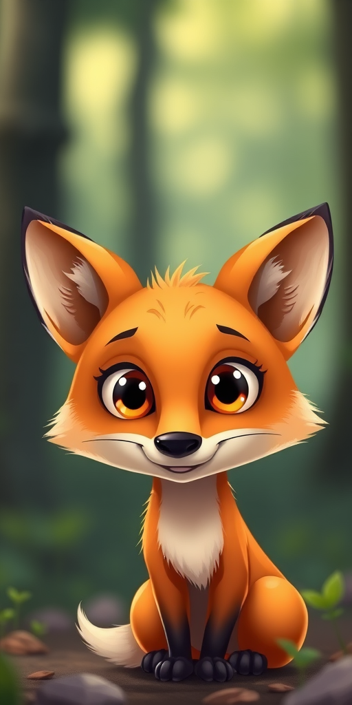 Create a highly detailed digital illustration of a cute cartoon fox with large expressive eyes and vibrant orange fur, captured using a DSLR camera at f/1.8 aperture, ISO 100, 50mm lens, shallow depth of field for background blur, natural lighting in a forest setting.