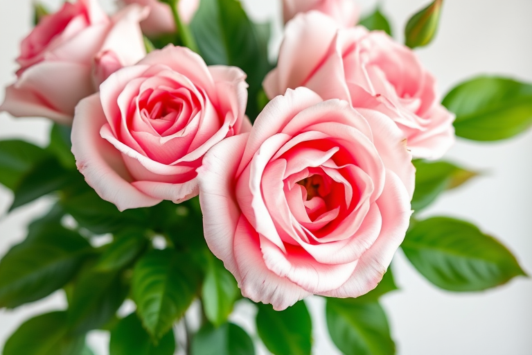 Create a botanical illustration of a rose bouquet featuring pink and white blooms with lush green leaves, shot in natural light using a macro lens at f/2.8, ISO 100, 1/200s, with a soft focus background to enhance details and vibrancy, capturing the delicate textures and colors vividly.