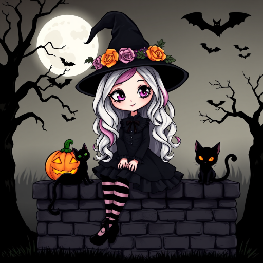 A cute, gothic-style cartoon of a young witch resembling Wednesday Addams sitting on a brick wall under a full moon. She has long wavy hair with silver, pink, and purple ombre highlights, and wears a classic black witch hat decorated with a pumpkin and roses. She is dressed in a black frilly dress with striped stockings and black shoes. A glowing Jack-o'-lantern sits beside her, and a black cat with glowing orange eyes is next to her. The background features a large moon, silhouetted bats, and a spooky tree, with a soft monochrome and slightly glowing effect, creating a magical Halloween atmosphere.