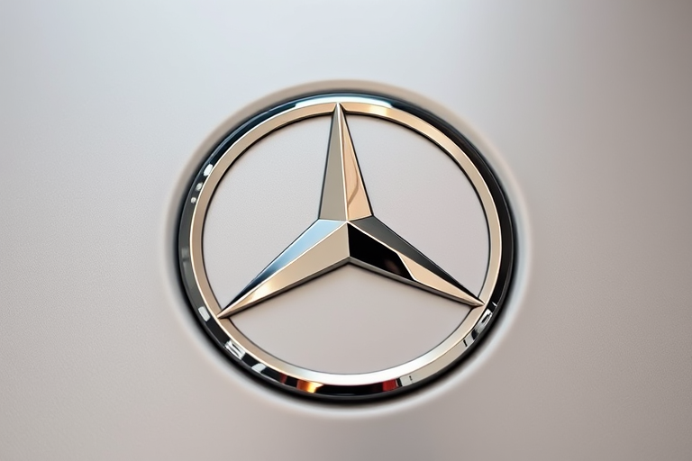 Create a high-resolution image of a distorted silver Mercedes-Benz logo on a wavy metallic background, captured with a Canon EOS R5, f/2.8 aperture, 50mm lens, ISO 100, using a soft focus lens style.