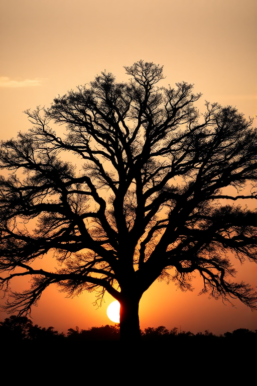 Capture a detailed black and white silhouette of a majestic tree against a sunset sky, using a Canon EOS R5, 50mm lens, aperture f/1.8, ISO 400, at a vantage point that emphasizes the tree's height and spread, with a soft-focus background for depth.