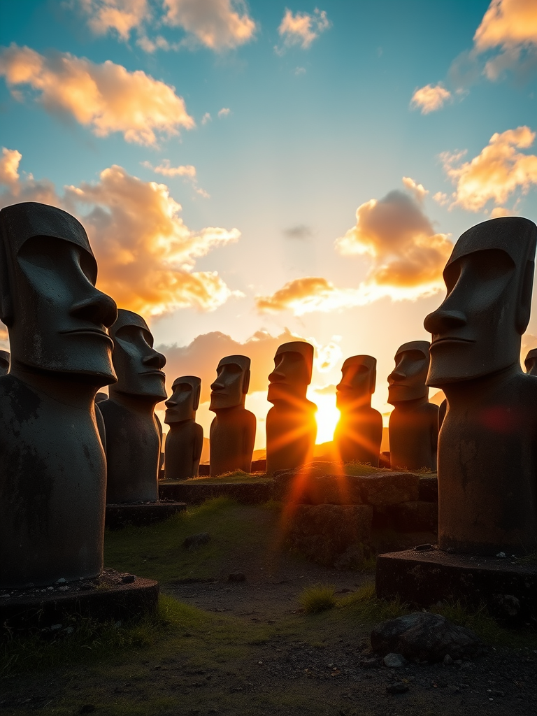 moai statues on easter island at sunset, high dynamic range, f/8 aperture, ISO 100, 24mm lens, soft focus, low angle view, DSLR camera, vibrant colors and sharp details