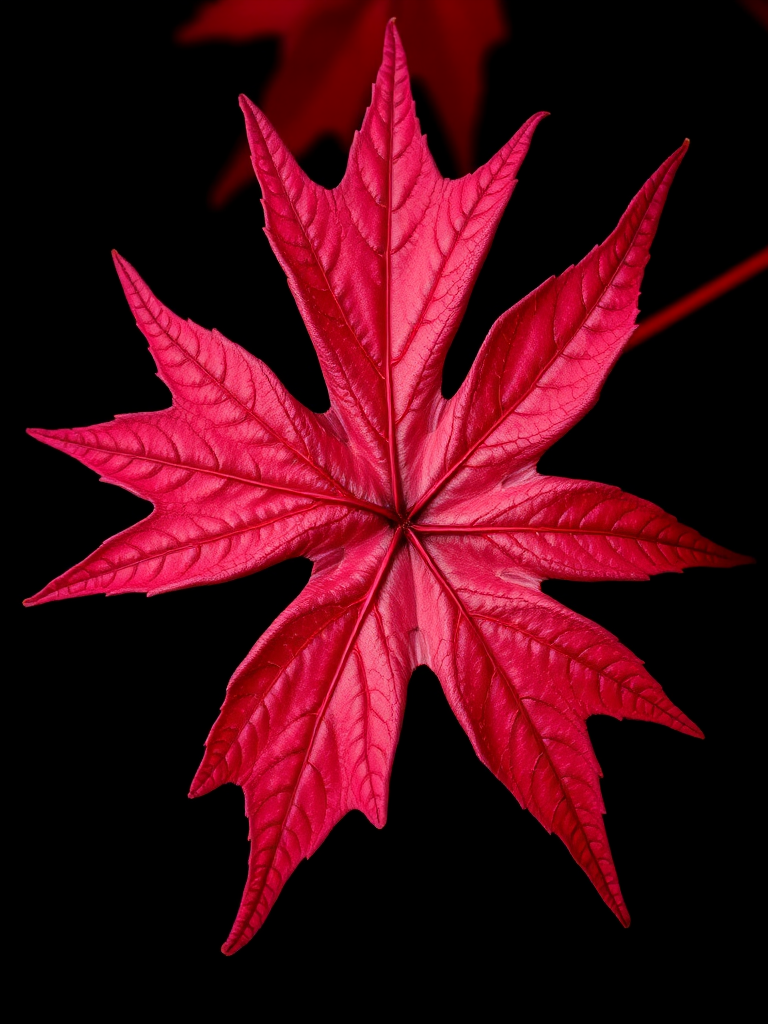 ultra-detailed macro photograph of a vibrant red maple leaf against a black background, using a DSLR camera with a 100mm f/2.8 macro lens, aperture set to f/11, ISO 100, shutter speed 1/200s, natural soft lighting to enhance texture and color depth