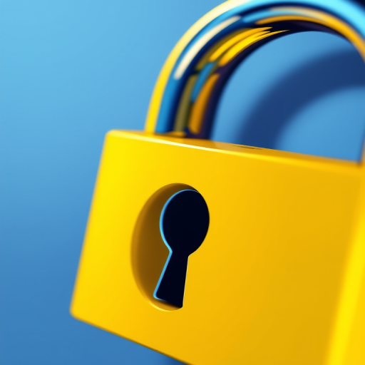 Create a high-resolution digital illustration of a yellow padlock with a keyhole, captured in a close-up view using a DSLR camera, aperture set to f/2.8 for a shallow depth of field, ISO 100 for minimal noise, and a focus on vibrant colors and sharp details.