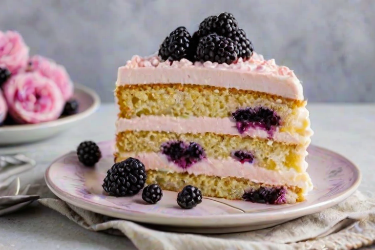 A slice of layered cake with a light pink frosting, featuring layers of sponge cake and blackberry filling. The cake is topped with decorative swirls of frosting and is garnished with fresh blackberries. The plate is set against a soft background, with more blackberries in a small dish nearby.