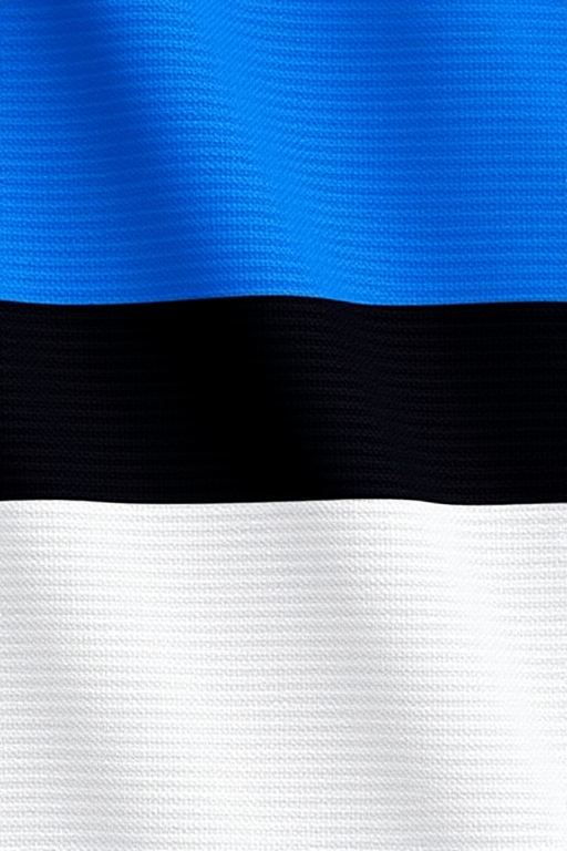 Create an image of the flag of Estonia, featuring the three horizontal stripes in blue, black, and white, with a textured fabric effect; use a DSLR camera with a 50mm lens, aperture f/1.8, ISO 100, and a soft focus background to enhance clarity and detail.