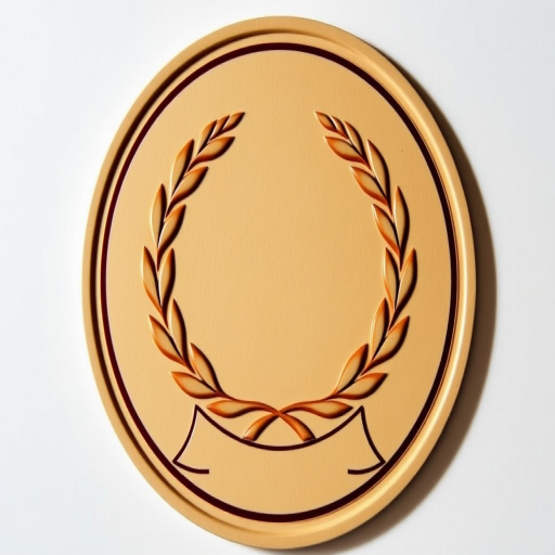 Regenerate a stylized emblem featuring a laurel wreath encircled by a circular border with a ribbon at the bottom, using a DSLR camera with a 50mm lens, aperture f/2.8, shutter speed 1/125s, and ISO 100, in a high-contrast lighting setup for better detail and clarity.