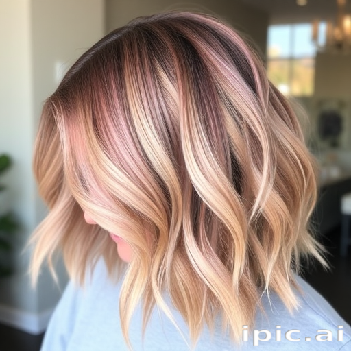 Soft rose gold lob named "Blush Horizon" with subtle root shadow and tousled waves, styled with a deep side part and effortless lived-in texture