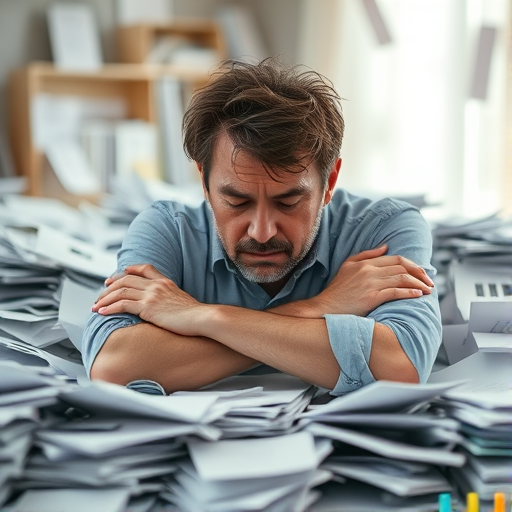 Regenerate the image of a tired man with messy hair resting his head on crossed arms among a large pile of papers, capture in soft focus with a shallow depth of field, using a Canon EOS R5, 85mm lens, aperture f/2.8, ISO 200, natural indoor lighting, emphasizing the contrast between the subject and the chaotic background.