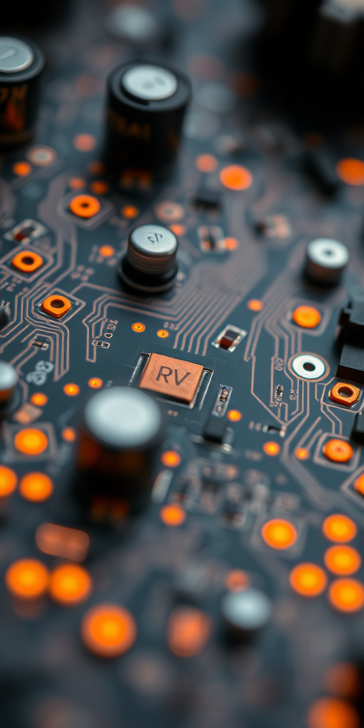 close-up of a highly detailed circuit board with glowing orange elements, shot with a Canon EOS R5, 50mm f/1.2 lens, aperture f/1.8, ISO 100, in a soft focus style, using a macro photography approach to enhance texture and depth.