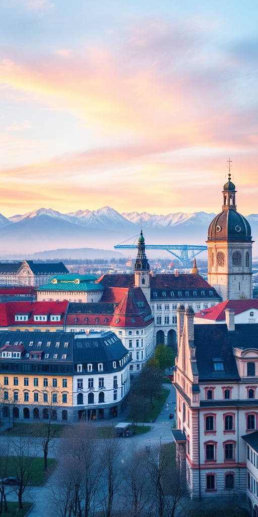 regenerate a watercolor painting of a panoramic view of Munich with the Alps in the background, featuring detailed architecture, sunrise lighting, shot with a Canon EOS R5 at f/8, ISO 100, 24mm, with a soft focus effect for enhanced vibrant colors and texture