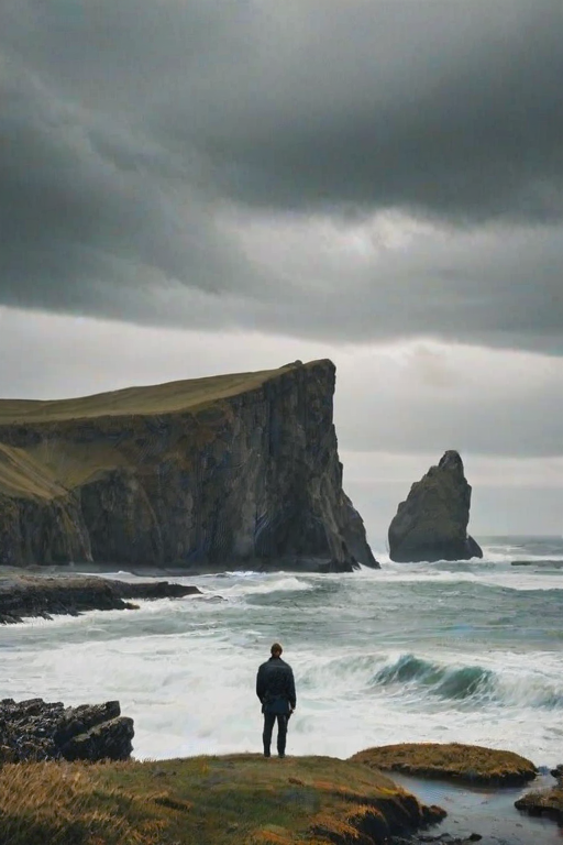Scenic coastline with dramatic cliffs and crashing waves, a lone figure standing at the edge, taking in the breathtaking view of the ocean under a cloudy sky, creating a sense of adventure.