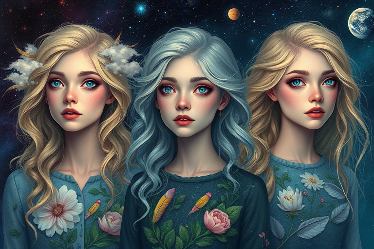 Create a series of imaginative portraits where each subject is infused with elements of fantasy and nature. The hair of the individuals should flow like clouds, varying from soft, fluffy cumulus to wispy cirrus strands, with hints of color reflecting a sunset or a clear blue sky. The eyes should be windows to entire galaxies, with stars, nebulae, and distant planets visible within them. Clothing should be adorned with nature motifs, such as floral patterns that bloom and change, vines that seem to grow and wrap around, or feathers that shimmer with iridescence. Each portrait should capture a unique personality, blending human features with the ethereal beauty of the natural and cosmic world. The backgrounds can vary, from starry night skies to enchanted forests, adding depth and context to the magical realism of the portraits