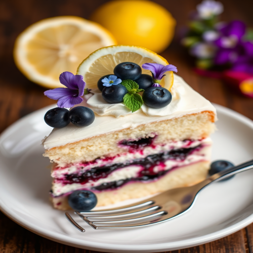 A slice of layered cake with vanilla sponge and blueberry filling decorated with whipped cream fresh blueberries a slice of lemon and edible flowers served on a white plate with a fork beside it