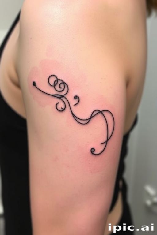 Minimalist single-line tattoo called "Continuous Journey" showcasing a complex design created with one unbroken line. Intricate curves and loops form recognizable shapes and symbols, telling a story through its flowing path. Fine, precise linework in deep black ink stands out against the skin, creating a striking contrast and modern aesthetic.