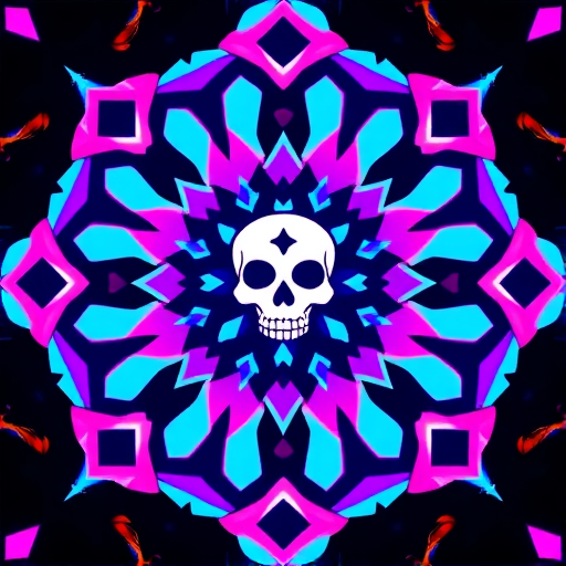 Create a pixel art image of a symmetrical design featuring bright colors like pink, blue, and purple, with a central motif resembling a stylized skull and geometric shapes, captured with a DSLR camera at f/2.8 aperture, ISO 100, 50mm lens, with a top-down view to enhance detail and clarity.