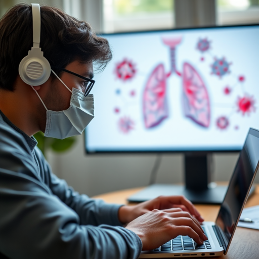 A focused close-up of a person wearing a face mask while using a laptop, with an anatomical illustration of lungs and viruses displayed on the screen behind, shot with a Canon EOS R5 at f/2.8, ISO 200, shutter speed 1/125s, in natural light, using a shallow depth of field for a soft background blur.