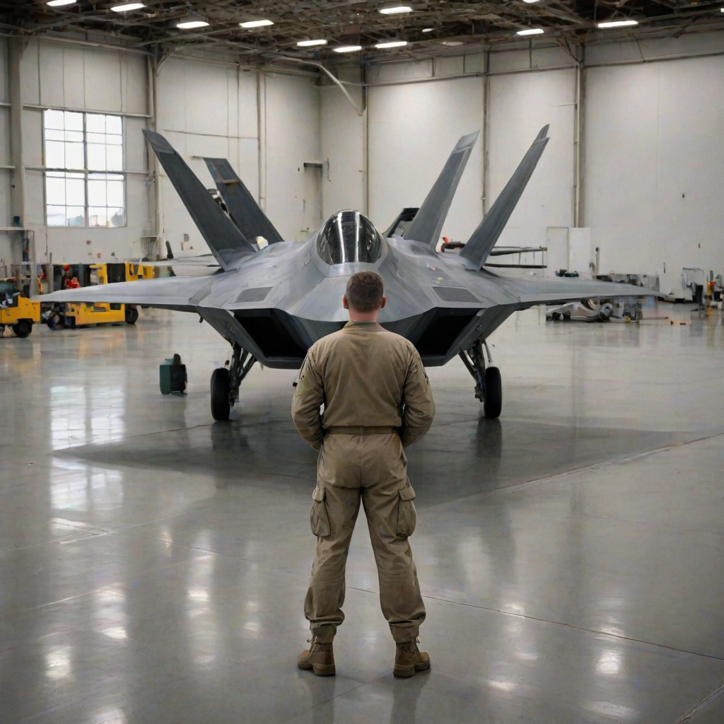 This photograph captures a military F-22 fighter jet on a tarmac, with a personnel in the background. The F-22, painted in a dark gray color, dominates the scene, showcasing its sleek, angular design and advanced stealth capabilities. The cockpit canopy is transparent, allowing a glimpse of the pilot inside, who is dressed in a dark green flight suit. In the foreground, a military personnel, dressed in a light brown and beige camouflage uniform, stands with their back to the camera, hands clasped behind their back. This individual appears to be in a relaxed stance, possibly waiting or observing the aircraft. To the left of the image, a gray maintenance truck is parked, with various equipment and tools scattered around it. The background features a large, industrial-style hangar with a gray and white color scheme, featuring several large doors and windows. The overall atmosphere is one of a military airbase or maintenance facility, with a focus on the F-22 and the personnel involved in its operation.