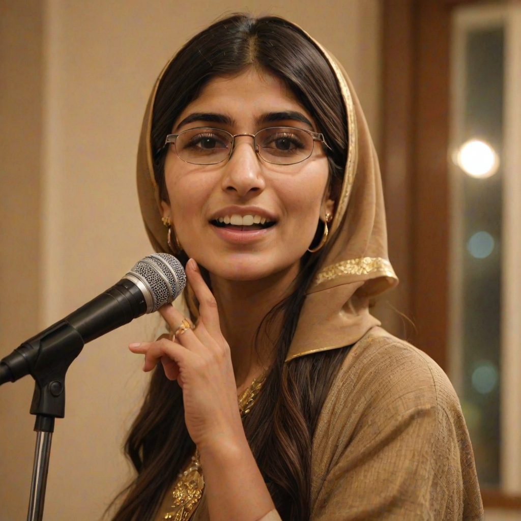 A close-up portrait of a mia khalifa with her eyes closed, singing into a microphone, positioned on the right side of the frame, facing the viewer. She is wearing a brown headscarf, gold earrings, and a brown blouse, and is bathed in warm, golden light emanating from the windows behind her. A blurred figure of a man singing into a microphone is visible in the background. The scene has a sense of calm and spirituality.