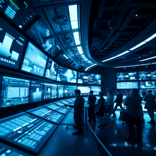 Create a futuristic control room filled with glowing screens displaying data and images, with silhouettes of people observing, wide-angle lens, aperture f/2.8, ISO 400, shot on a digital SLR camera in low light to enhance clarity and depth.