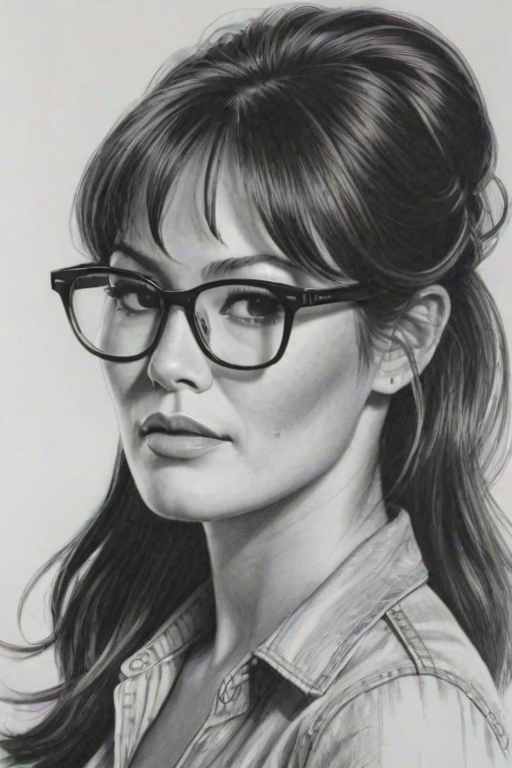 Gorgeous Lindsay Price, pencil sketch, portrait of Dazzling woman 1972s in glasses, hair style beatnik, outline, clear lines, fine lines, 8k
