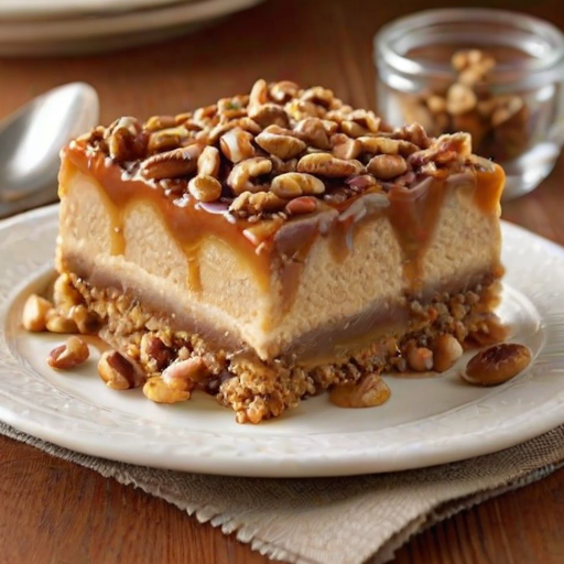 Create an image of a delicious layered dessert with a crumbly base, creamy peanut butter filling, and a glossy caramel topping sprinkled with chopped nuts. The dessert should be presented on a white plate, with a slice removed to showcase the layers inside. Include a rustic background with cinnamon sticks and a small bowl of chopped nuts.