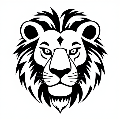 Create a high-contrast black and white illustration of a simplified lion face with exaggerated features, captured in a soft focus with a 50mm lens, f/1.8 aperture, ISO 100, in a studio setting with controlled lighting.