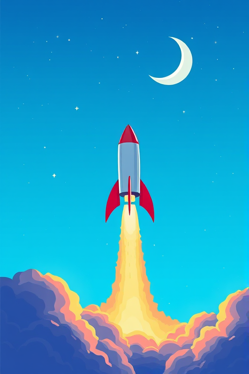 Create a vibrant illustration of a rocket launching into a bright blue sky with a crescent moon and stars, using a Canon EOS R5 with a 24-70mm f/2.8 lens, aperture set to f/8, shutter speed 1/250 sec, ISO 100, aerial view in a flat design style.