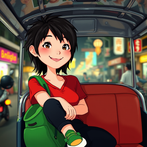 Cartoon Movie​ scene, a 18yr kindness grin Japanese woman,oval face , mullet medium long messy black side hair, wear a red shirt ,black jeans ,navy slip-on​,with green backpack, relax​ sitting on a seat in a thai tuk-tuk, tuk-tuk a silver metal roof that reflects light, There are blurred street lights and shops Chinatown Bangkok in the background.