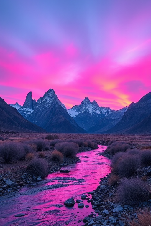Generate a surreal landscape with vibrant pink and purple hues at sunset, featuring jagged mountains in the background and a reflective river in the foreground, shot with a Canon EOS R5 at f/8, ISO 200, 24mm focal length, using a wide-angle perspective to emphasize depth.