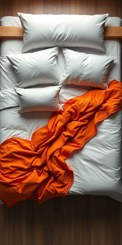 Regenerate the image of a simplified bed with two pillows and an orange blanket using a high-resolution digital camera, 50mm lens, f/2.8 aperture, 1/100s shutter speed, top-down view, with soft lighting to enhance details and colors.