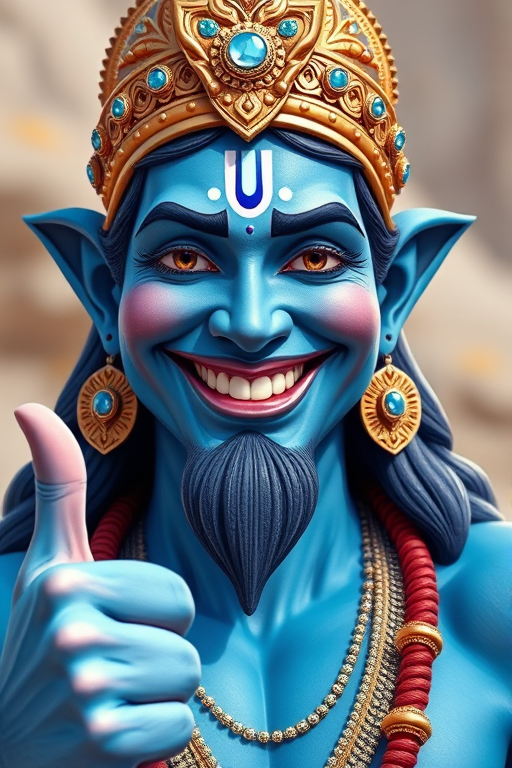 Create a vibrant digital illustration of a smiling blue-skinned deity giving a thumbs up, depicting intricate details in the jewelry and facial features, use a Canon EOS 5D Mark IV camera, 50mm lens, f/2.8 aperture, 1/125 shutter speed, natural lighting for enhanced clarity and richness of color.