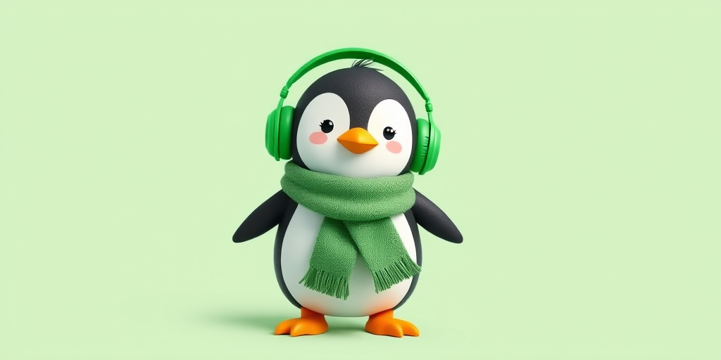 Create a cute cartoon penguin wearing green headphones and a green scarf, standing on a solid light green background, captured with a DSLR camera at f/2.8 aperture, 50mm lens, ISO 100, using a soft-focus technique for a playful effect.