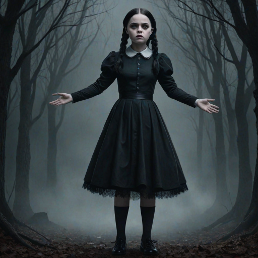 Digital art, full height portrait of Wednesday Addams, standing up with her hands in the air as if in a hold-up. Her dark, gothic attire replaces Alice’s classic blue dress, and she wears black shoes instead of blue. A small, neat black bow adorns her hair, capturing her signature style. The overall composition maintains a whimsical yet eerie tone, similar to Alice in Wonderland, while showcasing Wednesday’s iconic gothic charm.