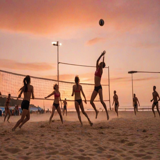 Blurry action shot of a beach volleyball game at sunset, the players silhouettes barely visible against the dramatic orange and pink sky, with soft sand flying as they dive for the ball.