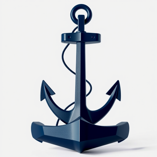 Create a high-resolution image of a stylized anchor with a dark blue color palette, using a Canon EOS R5 camera with a 50mm f/1.8 lens, aperture set to f/4, ISO 100, and soft natural lighting, capturing the anchor from a frontal view against a clean white background for a modern artistic feel.