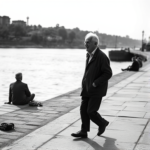 Create a high-contrast black and white image of an elderly man walking along a riverbank in a serene setting, with people sitting in the background, captured with a Nikon D850 camera, a 50mm lens, aperture set to f/2.8, ISO 100, and a focus on sharp details in a natural light environment.