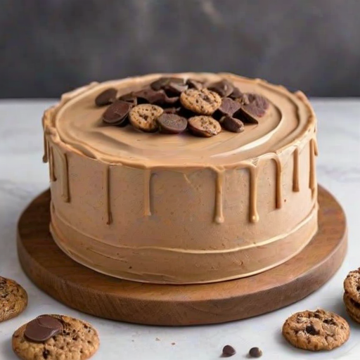 Create an image of a round cake with smooth, caramel-colored frosting on a wooden cake stand. The top of the cake is decorated with small chocolate chips. Surround the cake with a few oatmeal cookies and scattered chocolate chips on a light-colored surface. The background should be simple and neutral to enhance the cake's appearance.